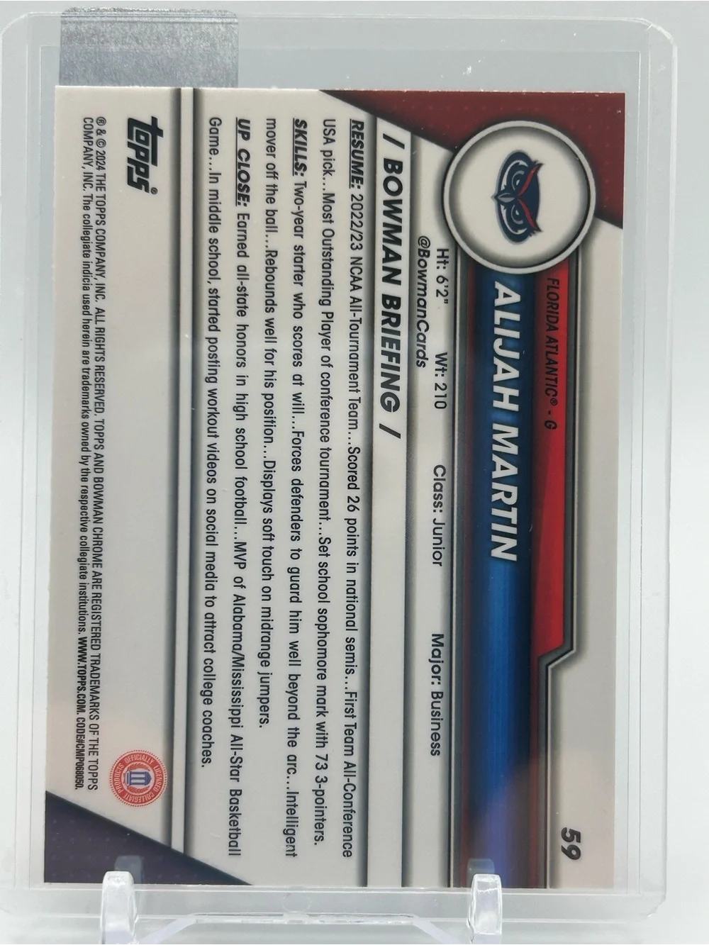 Alijah Martin Florida Atlantic Basketball Trading Card 🏀 1st Bowman